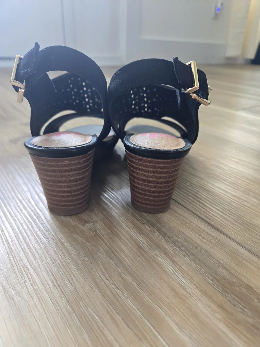 GB girls Black Laser-Cut Wedge Sandals with Gold Buckle